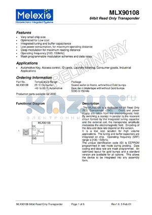 MLX90108D datasheet - 64-bit read only transponder. With gold bumps