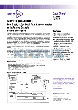 MX201AC datasheet - Low cost, 1.0g, dual axis accelerometer with analog outputs.