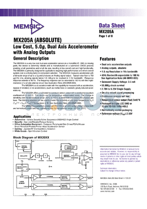 MX205AL datasheet - Low cost, 5.0g, dual axis accelerometer with analog outputs.