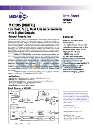MXD205AC datasheet - Low cost, 5.0g, dual axis accelerometer with analog outputs.