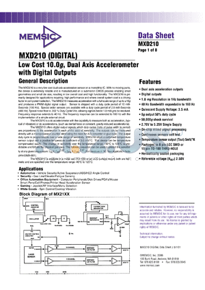 MXD210AC datasheet - Low cost, 10.0g, dual axis accelerometer with analog outputs.