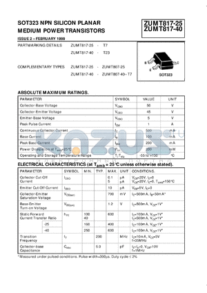 ZUMT817-40 datasheet - NPN silicon planar medium power transistor