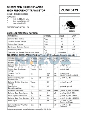 ZUMT5179 datasheet - NPN silicon planar high frequency transistor