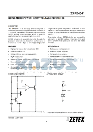 ZXRE4041DFTA datasheet - Micropower 1.225 V voltage reference