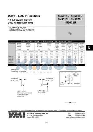 1N5622U datasheet - 1000 V rectifier 1.5 A forward current, 2000 ns recovery time