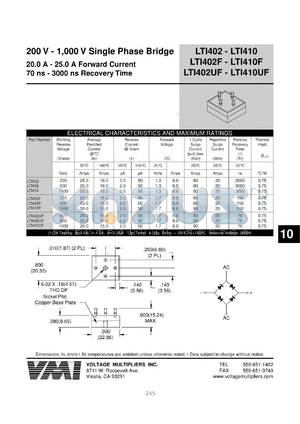 LTI1406 datasheet - 600 V single phase bridge 20-25 A forward current, 3000 ns recovery time