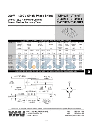 LTI1410T datasheet - 1000 V single phase bridge 20-25 A forward current, 3000 ns recovery time