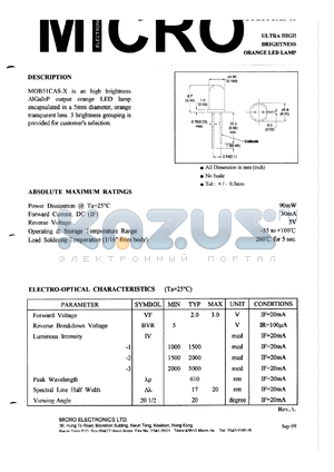 MOB51CAS-1 datasheet - 5V, 90mW ultra high brightness orange LED lamp