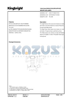 AA3022GC-4.5SF datasheet - 3.0 x 2.2mm single color surface mount LED lamp. Super bright green (peak wavelength 565 nm). Lens type water clear.