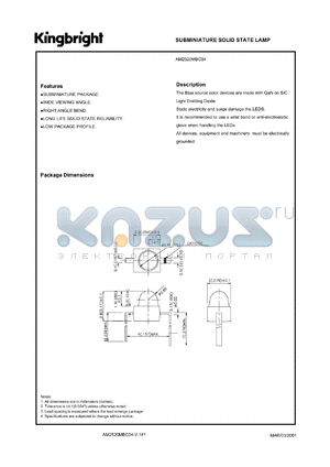 AM2520MBC04 datasheet - Subminiature solid state lamp. Blue (peak wavelength 430 nm). Lens type water clear.