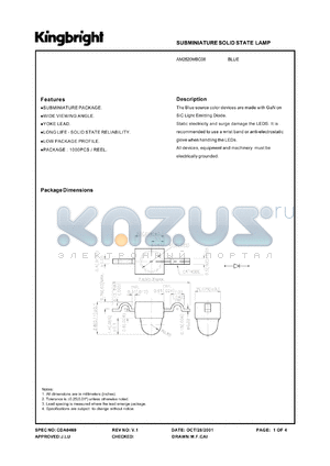 AM2520MBC08 datasheet - Subminiature solid state lamp. Blue (peak wavelength 430 nm). Lens type water clear.