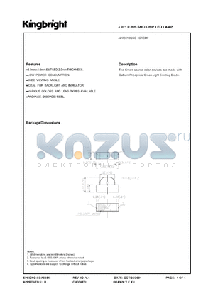 APA3010QGC datasheet - 3.0 x 1.0 mm SMD chip LED lamp. Green (peak wavelehgth 560 nm). Lens type water clear.