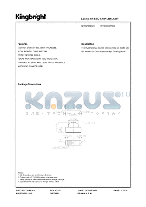 APA3010SEWE datasheet - 3.0 x 1.0 mm SMD chip LED lamp. Hyper orange (peak wavelehgth 630 nm). Lens type white diffused.