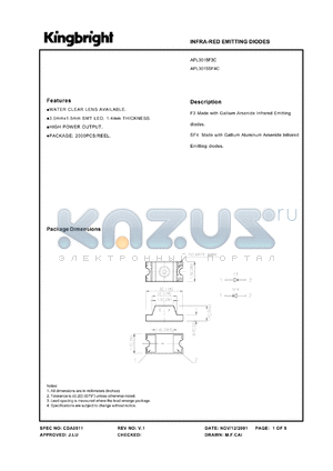 APL3015SF4C datasheet - In ra-red emitting diode. 3.0 x 1.5 mm SMT LED. Lens type water clear.