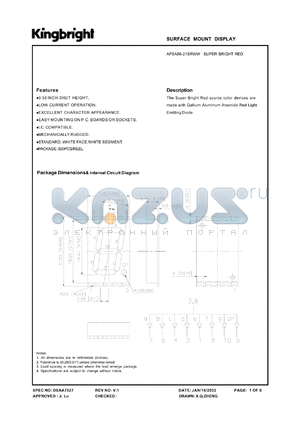 APSA56-21SRWW datasheet - Surface mount display. Super bright red (peak wavelength 660 nm). Lens type white diffused.