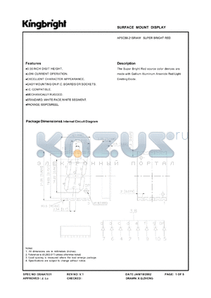 APSC56-21SRWW datasheet - Surface mount display. Super bright red (peak wavelength 660 nm). Lens type white diffused.