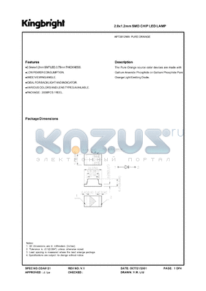 APT2012NW datasheet - 2.0 x 1.2 mm SMD chip LED lamp. Pure orange (peak wavelength 607 nm). Lens type white diffused.