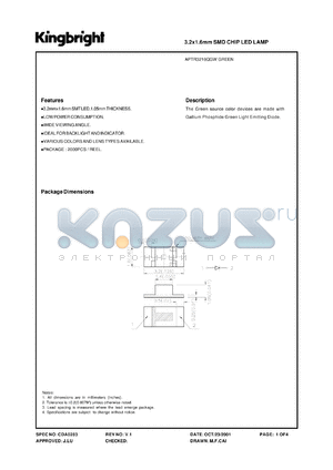 APTR3216QGW datasheet - 3.2 x 1.6 mm SMD chip LED lamp. Green (peak wavelength 560 nm). Lens type white diffused.