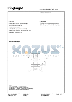 APTR3216QYW datasheet - 3.2 x 1.6 mm SMD chip LED lamp. Yellow (peak wavelength 565 nm). Lens type white diffused.