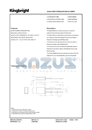L103ID datasheet - 2 x 5 mm rectangular solid lamp. High efficiency red. Lens type red diffused.