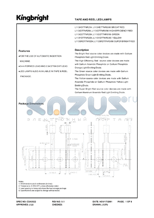 L113HDTTNR254 datasheet - Tape and reel LED lamp. Bright red. Lens type red diffused.