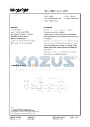 L132XGD datasheet - T-1 (3mm) solid state lamp. Green. Lens type green diffused.