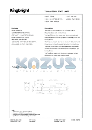 L132XGT datasheet - T-1 (3mm) solid state lamp. Green. Lens type green transparent.