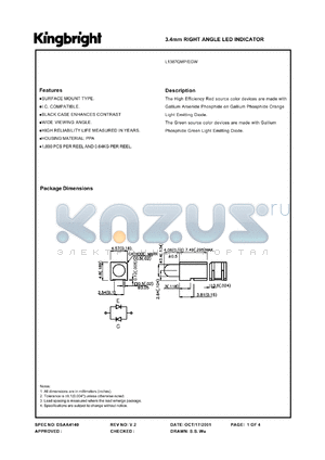 L1387QMP/EGW datasheet - 3.4 mm right angle LED indicator. High efficiency red, green. Lens type white diffused.