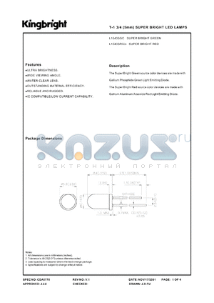 L1543SRC/C datasheet - T-1 3/4 (5mm) super bright LED lamp. Super bright red. Lens type water clear.