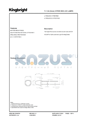 L1703SURC datasheet - T-1 3/4 (5mm) hyper red LED lamp. Hyper red. Lens type water clear.