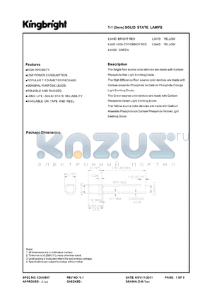 L34HD datasheet - T-1 (3 mm) solid state lamp. Bright red. Lens type red diffused.