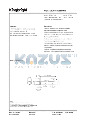 L36BSRD/B datasheet - T-1 (3mm) blinking LED lamp. Super bright red. Lens type red diffused.