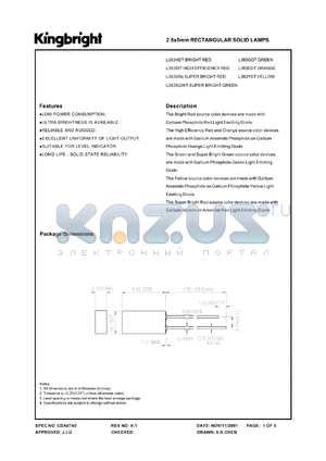 L383SRWT datasheet - 2.5 x 5 mm rectangular solid lamp. Super bright red. Lens type white diffused.