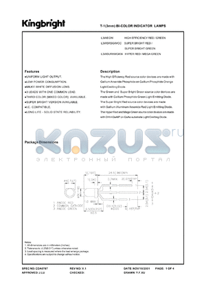 L3WSRSGW/CC datasheet - T-1 (3 mm) bi-color indicator lamp. Super bright red, Super bright green. Lens type white diffused.