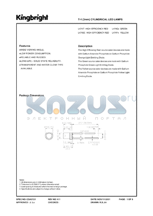 L474GT datasheet - T-1 (3 mm) cylindrical LED lamp. Green. Lens type green transparent.