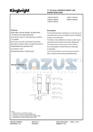 L53BR17.8/SGD datasheet - T-1 3/4(5mm) variable hight LED board indicator. Super bright green. Lens type green diffused.