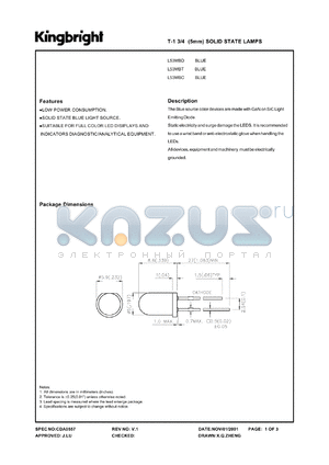 L53MBD datasheet - T-1 3/4(5mm) solid state lamp. Blue. Lens type blue diffused.