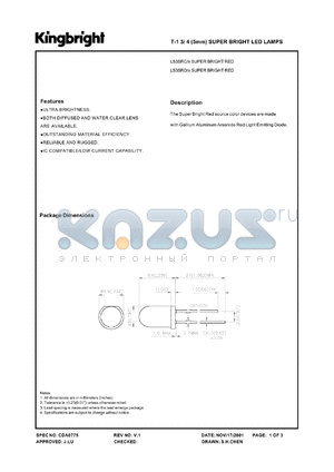 L53SRC/DU datasheet - T-1 3/4 (5mm) Super bright LED lamp. Super bright red. Lens type water clear.