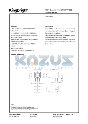 L59BL/EYW datasheet - T-1 3/4 (5mm) bi-color right angle LED indicator. High efficiency red, yellow . Lens type white diffused.