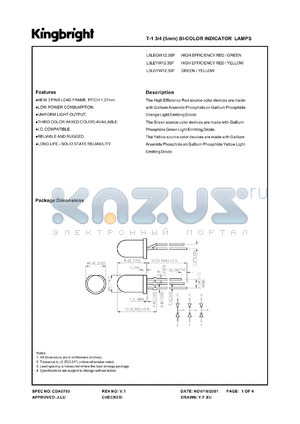 L5LGYW12.3S datasheet - T-1 3/4 (5mm) bi-color indicator lamp. Green, yellow. Lens type white diffused.