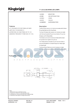 L616BHD datasheet - T-1 (3mm) blinking LED lamp. Bright red. Lens type red diffused.