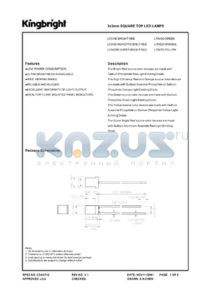 L704ID datasheet - 3 x 3 mm square top LED lamp. High efficiency red. Lens type red diffused.