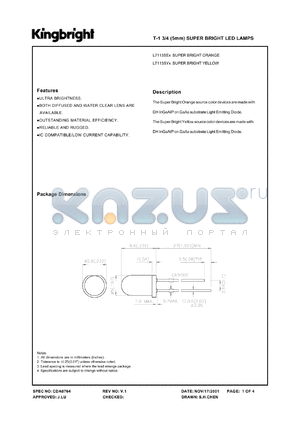 L7113SYT datasheet - T-1 3/4 (5 mm) super bright LED lamp. Super bright yellow. Lens type yellow transparent.