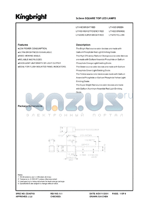 L714YD datasheet - 3 x 3 mm square top LED lamp. Yellow. Lens type yellow diffused.