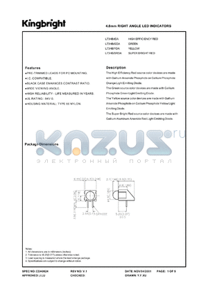 L73HB/SRDA datasheet - 4.8 mm right angle LED indicator. Super bright red. Lens type red diffused.