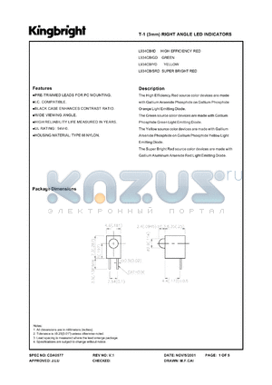 L934CB/ID datasheet - T-1 (3 mm) right angle LED indicator. High efficiency red. Lens type red diffused.