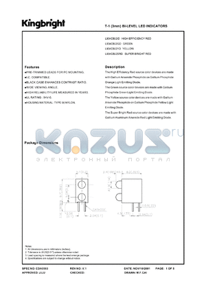 L934DB/2YD datasheet - T-1 (3 mm) bi-level LED indicator. Yellow. Lens type yellow diffused.