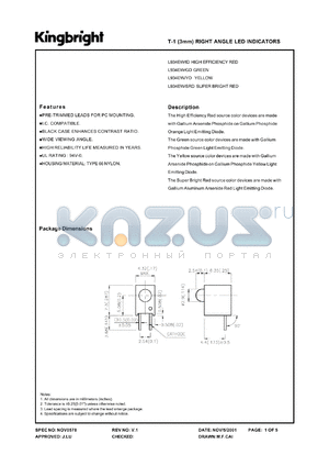 L934EW/YD datasheet - T-1 (3 mm) right angle LED indicator. Yellow. Lens type yellow diffused.