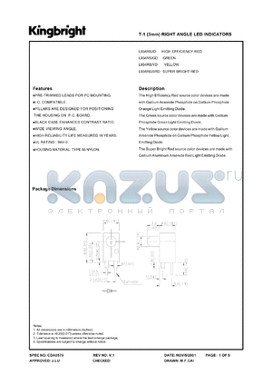 L934RS/SRD datasheet - T-1 (3 mm) right angle LED indicator. Super bright red. Lens type red diffused.