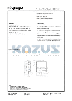 L934RZ/3SRD datasheet - T-1 (3 mm) tri-level LED indicator. Super bright red. Lens type red diffused.